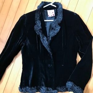 Black Velvet Blazer/Jacket with Crepe Ruffled Cuffs and Collar